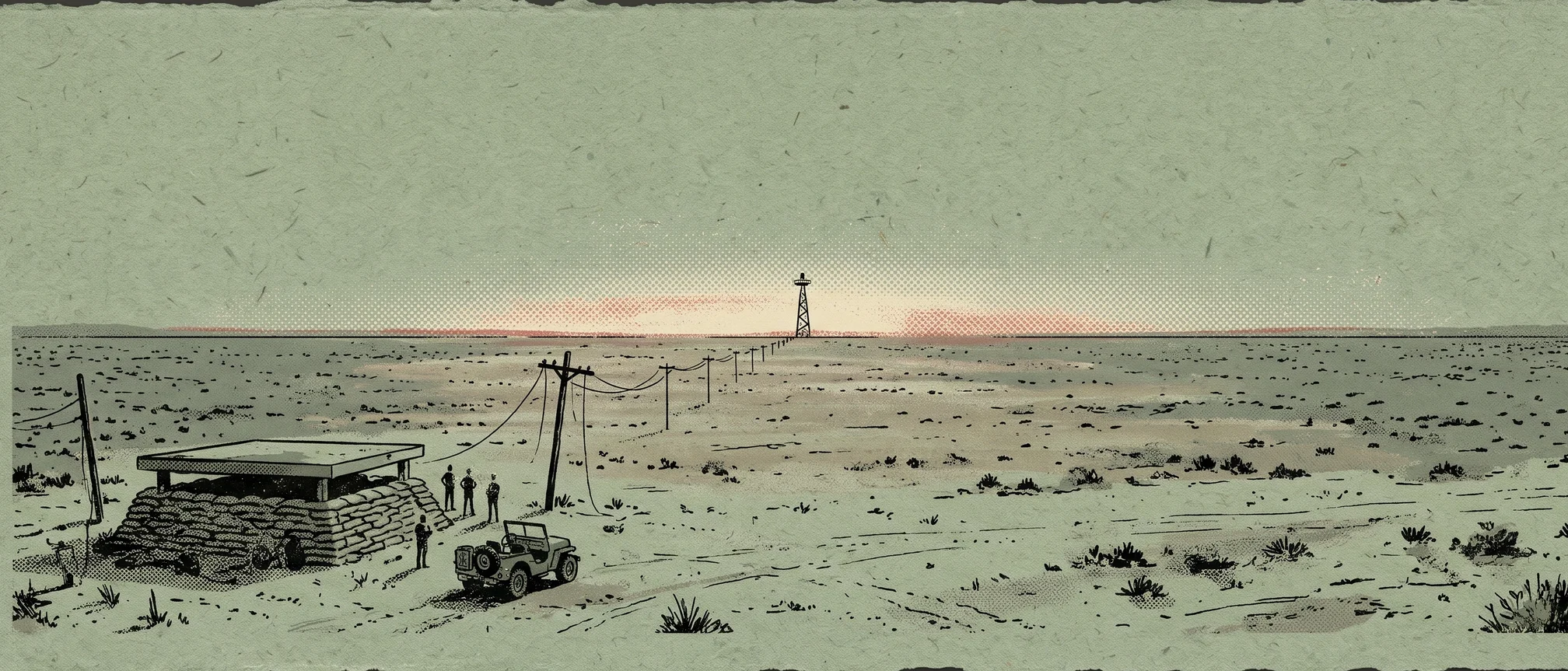 A desert test site seen from the observers’ shelter, a steel tower on the horizon
