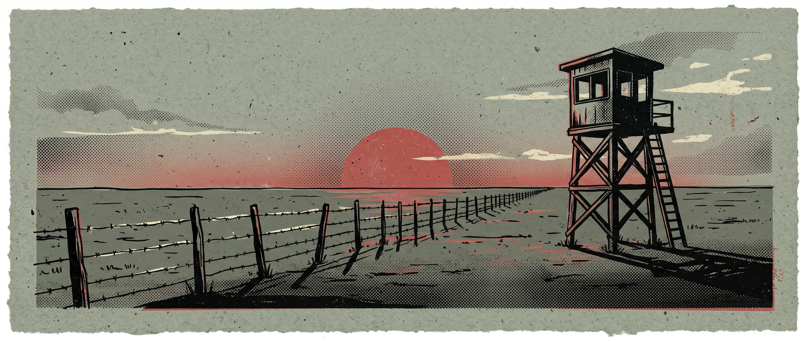 A fence, a watchtower, an open plain.