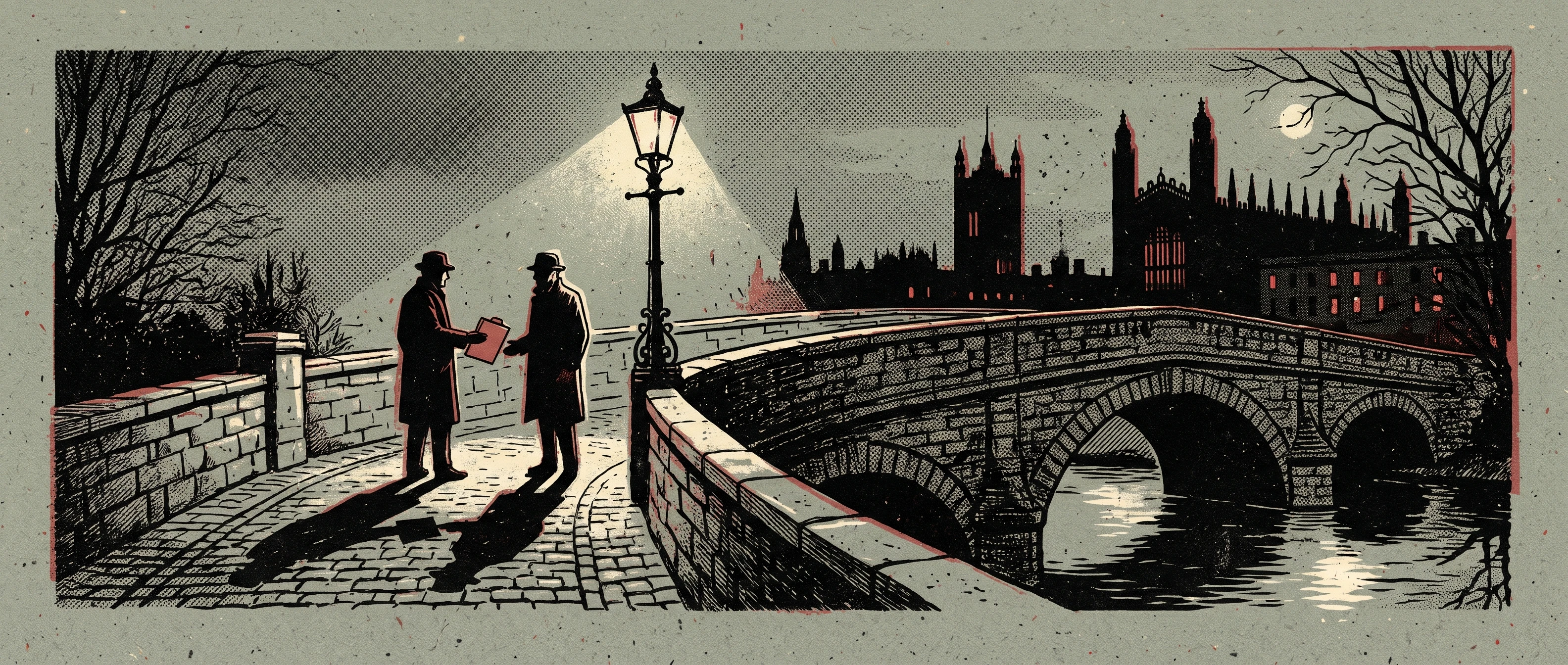 Night on a bridge: the folder changes hands.