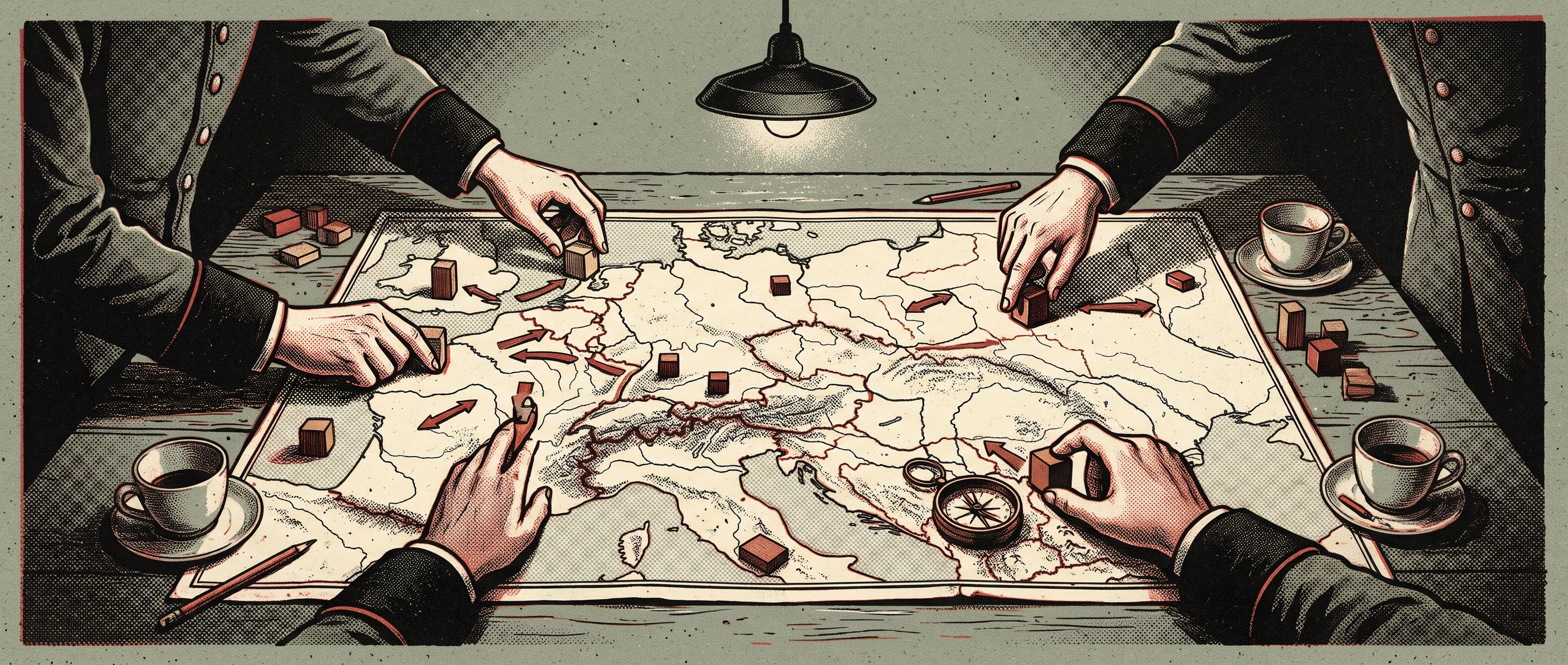 A war-room table: the map, the unit blocks, the arrows.